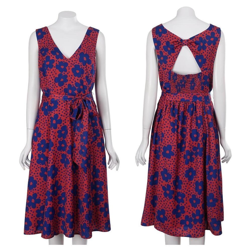 ModCloth Timeless Magnetism Dress L Red Blue Floral Sleeveless A-Line Tie Belt